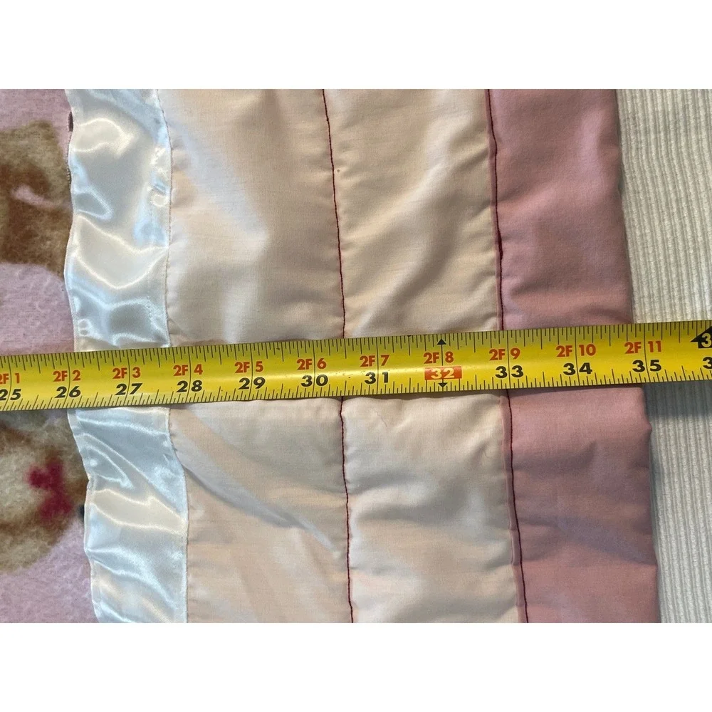 Vintage Pink Teddy Bear Baby Blanket Satin Trim Quilted Border Fleece 33x42